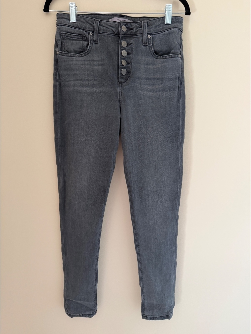 Joe’s Jeans, stretchy/skinny, button fly, charcoal color